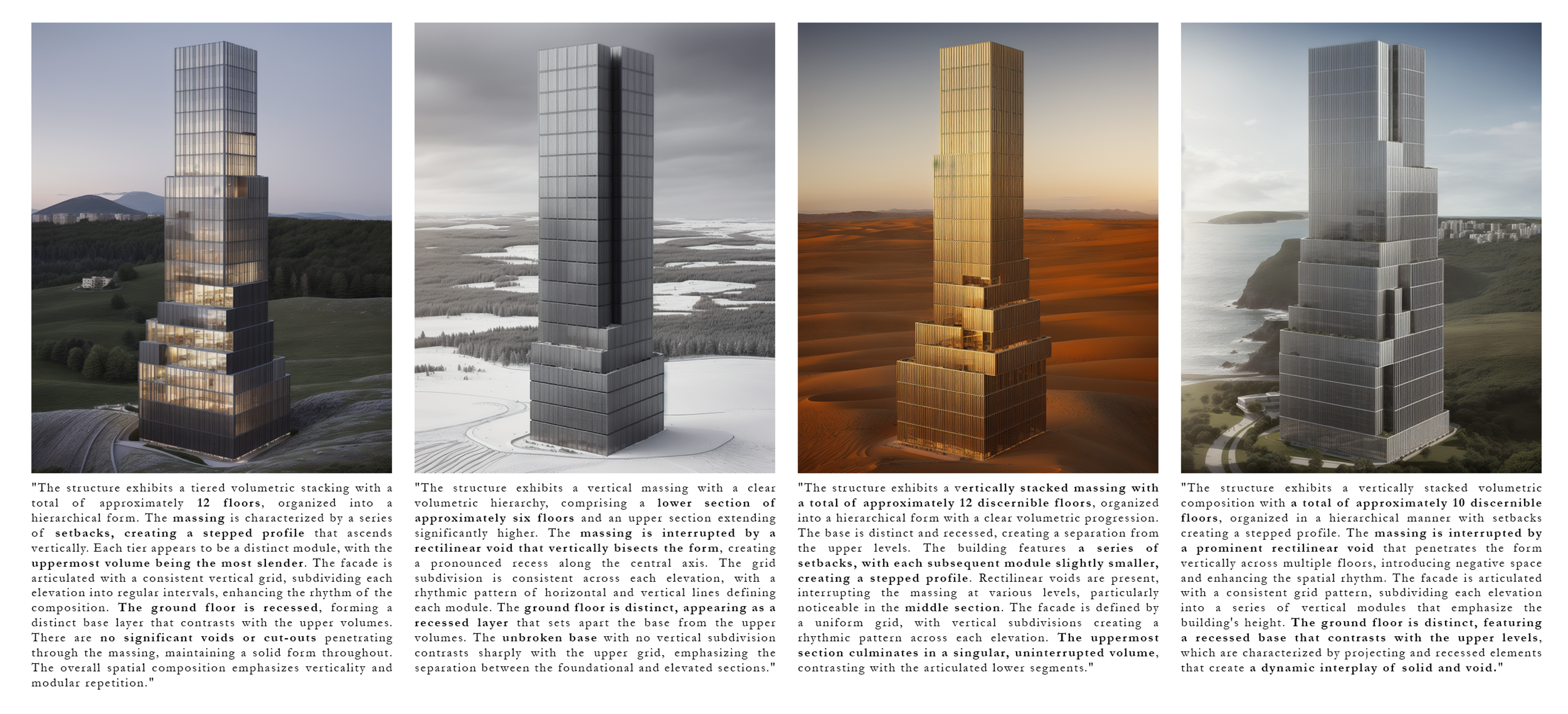 Selected architectural images paired with prompt excerpts