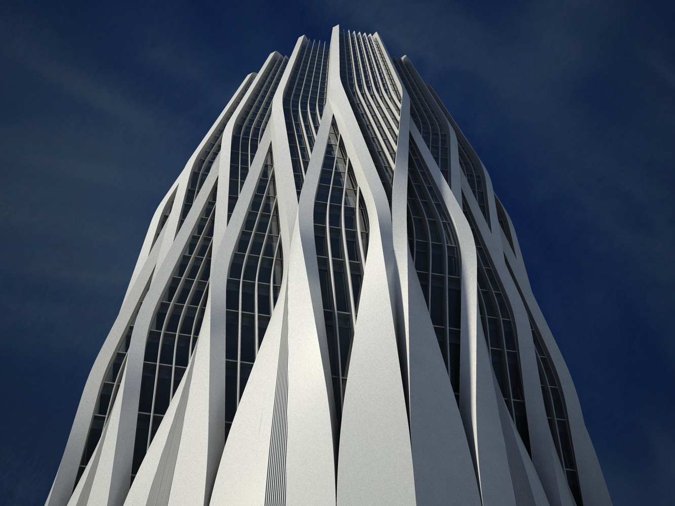 Low-angle rendering of the Central Bank of Iraq tower and its branching facade