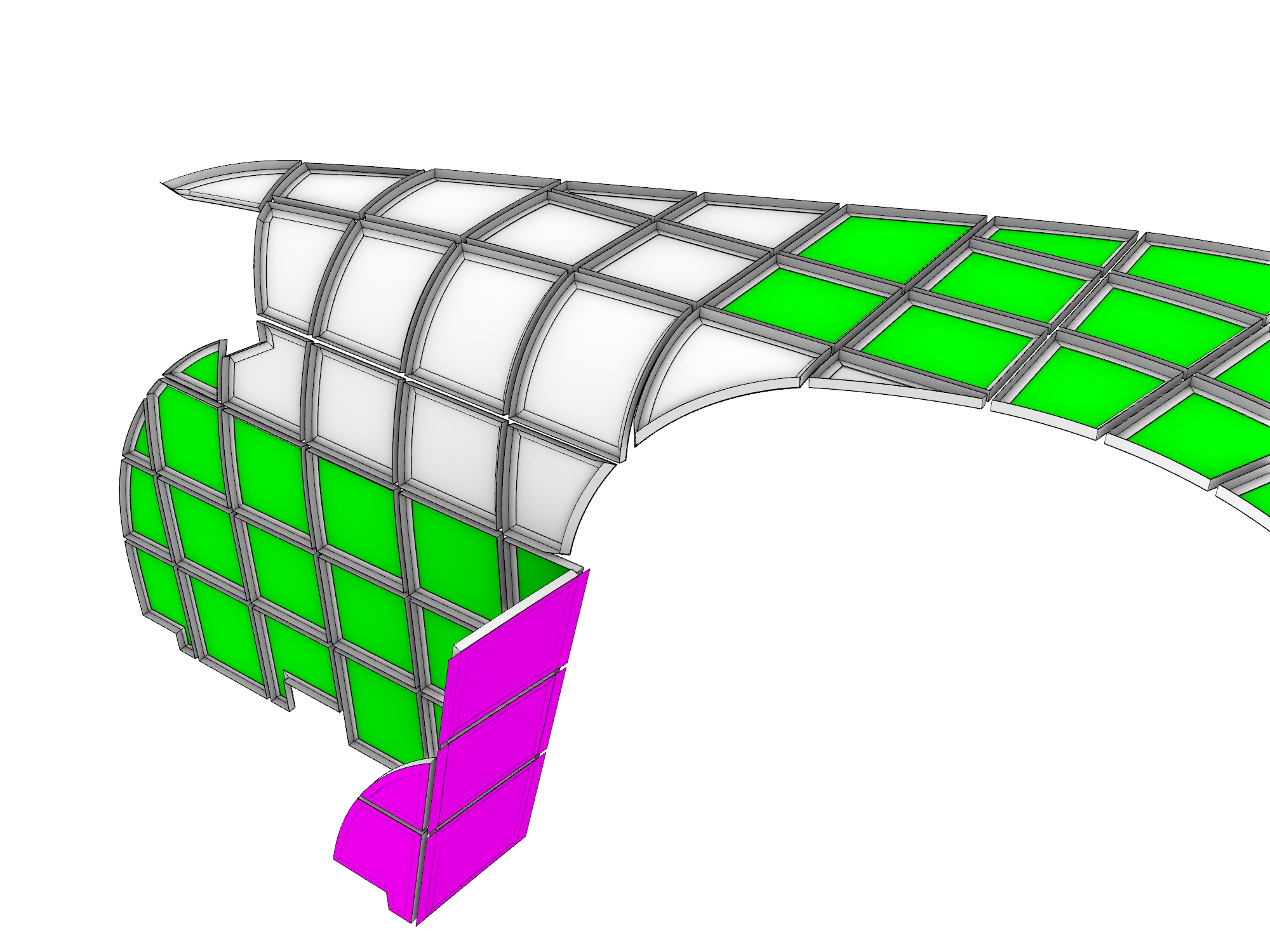 Three-dimensional model of cladding panels wrapping a curved facade edge