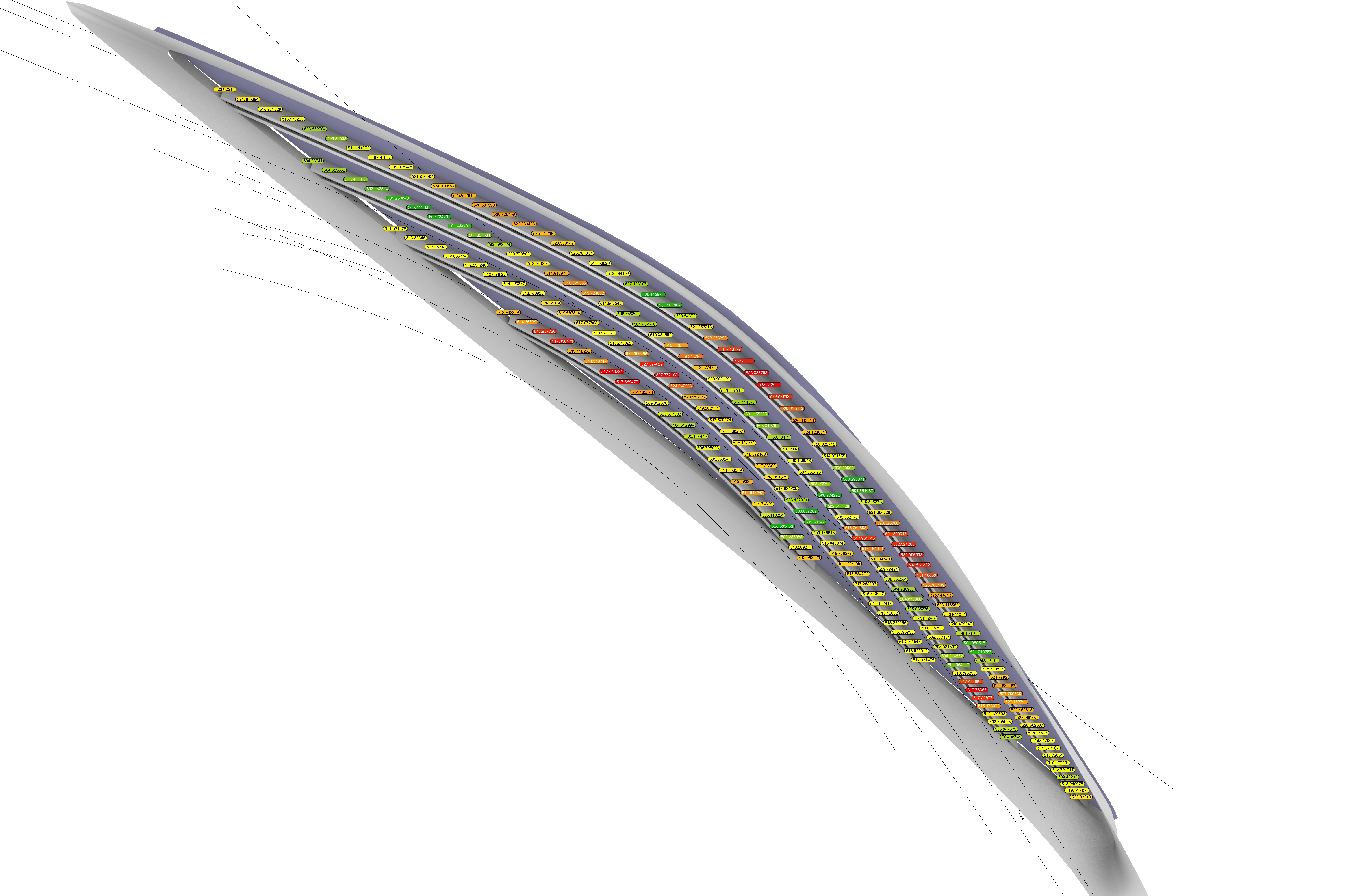 Axonometric analysis model of a long curved Central Bank of Iraq facade assembly