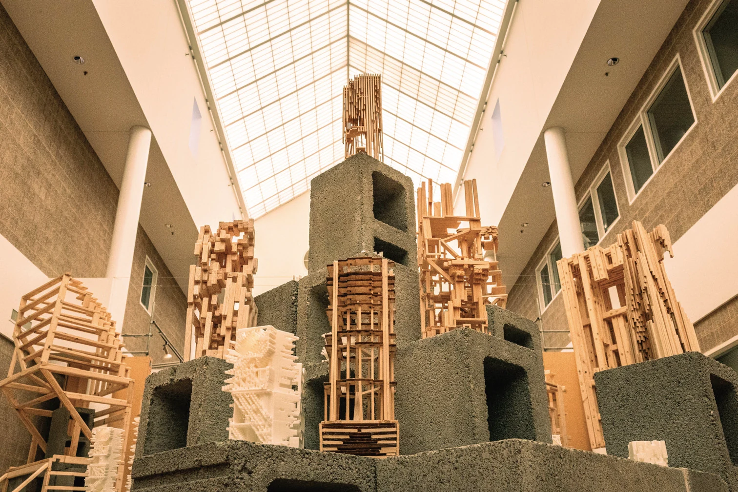 Close view of architectural models in the Archetype exhibition