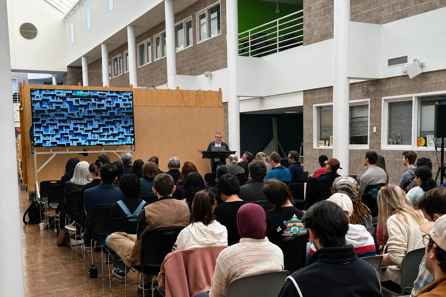 Archetype symposium lecture with an audience in the atrium