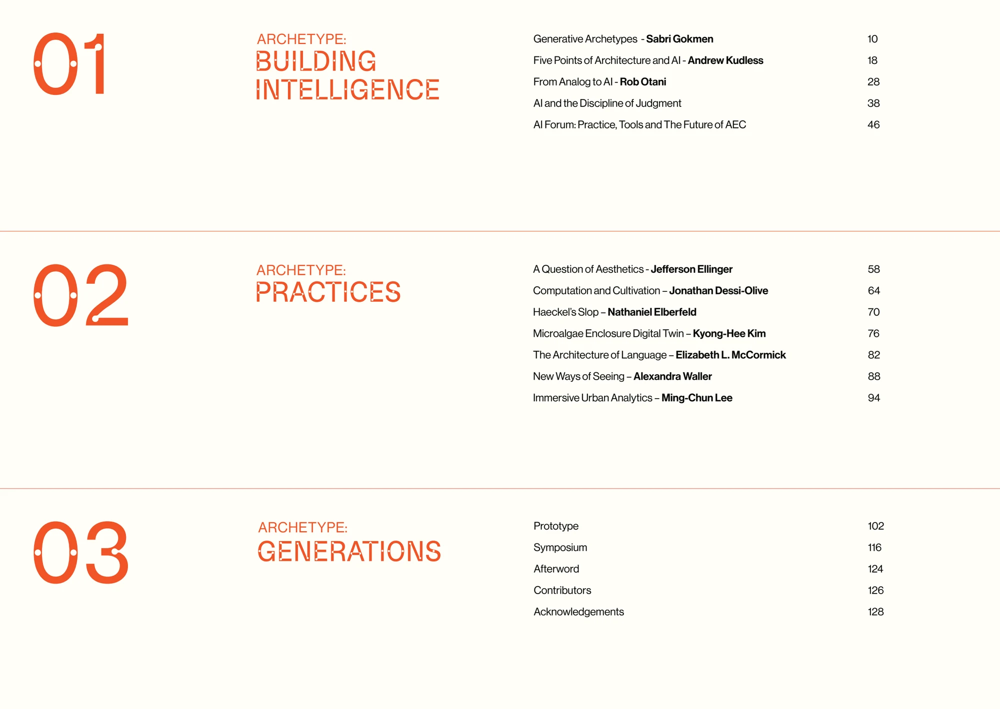 Archetype publication table of contents for Building Intelligence, Practices, and Generations