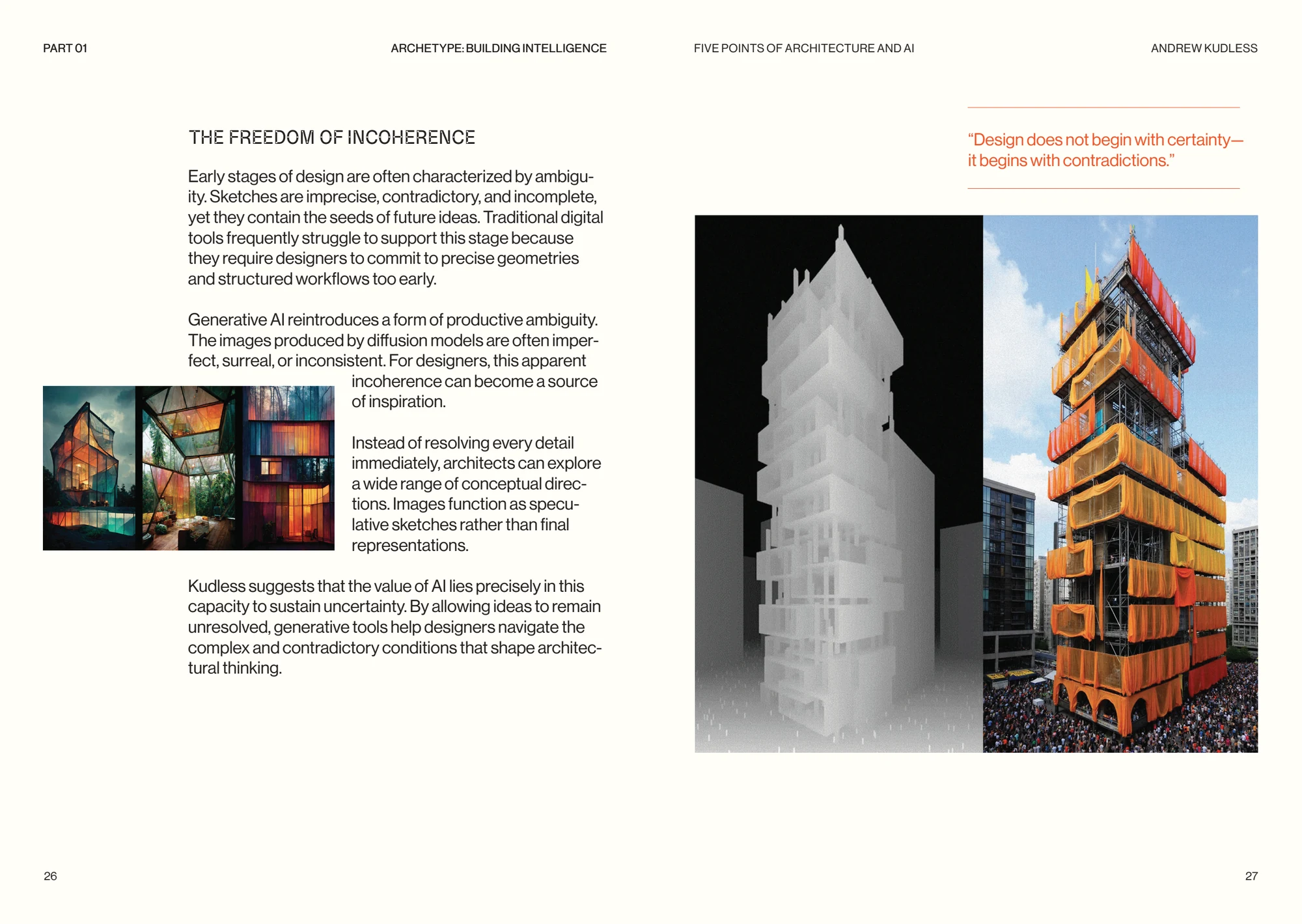 Archetype publication spread for Andrew Kudless, Five Points of Architecture and AI