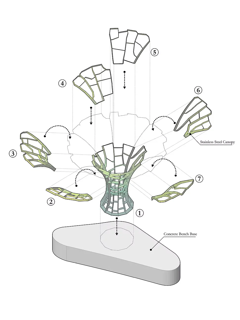 Exploded assembly drawing of the Calyx sculpture